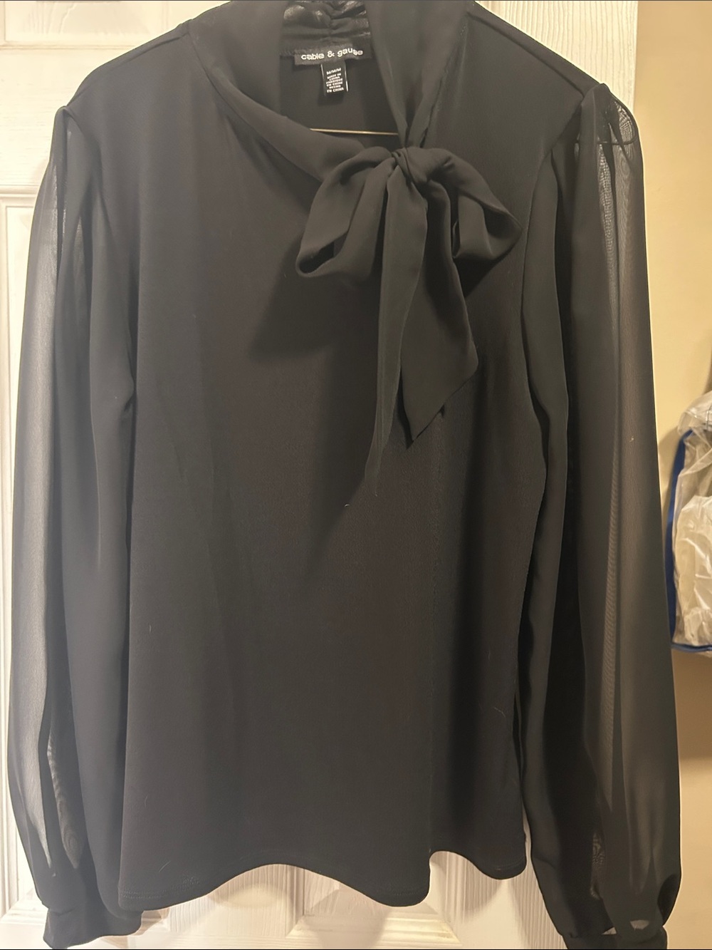 Cable & Gauge Black Tie-Neck Sheer-Sleeve Blouse